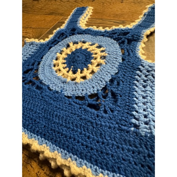 Handmade Crochet Halter Top Blue White Sunburst Granny Square Boho Festival - Picture 2 of 5
